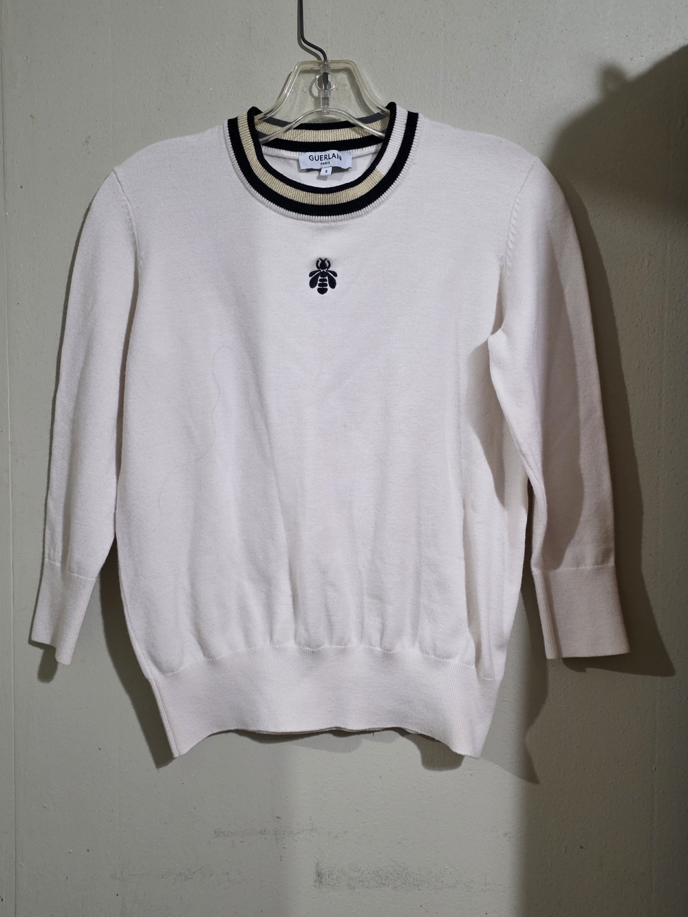 Guerlain Paris Womrns Knit Bee Sweater Cream With EIBBED Collar Size S USED